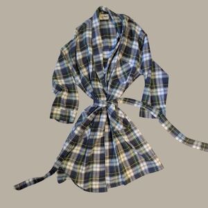 Vintage L.L. Bean Cotton Twill Flannel Robe – Navy & Green Tartan – 1980s/90s